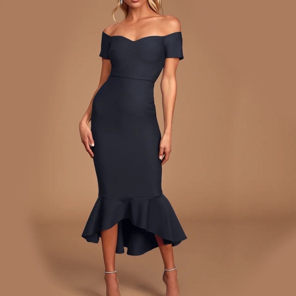 Lulus XS How Much I Care Midnight Blue Off-the-Shoulder Midi Dress